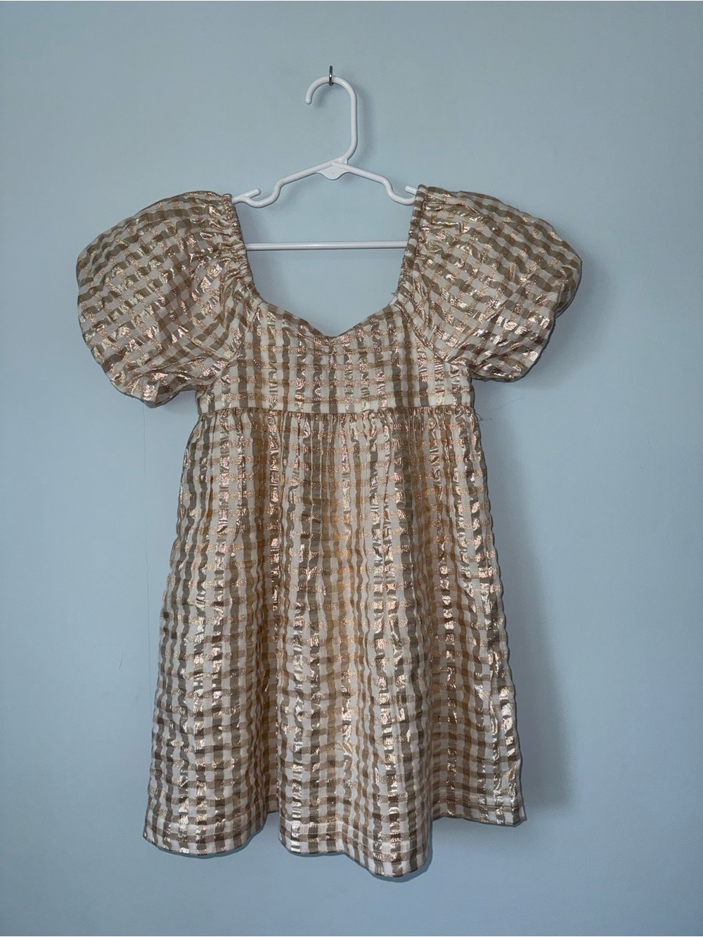 crown & ivy Gold and White Gingham Puff Sleeve Dress